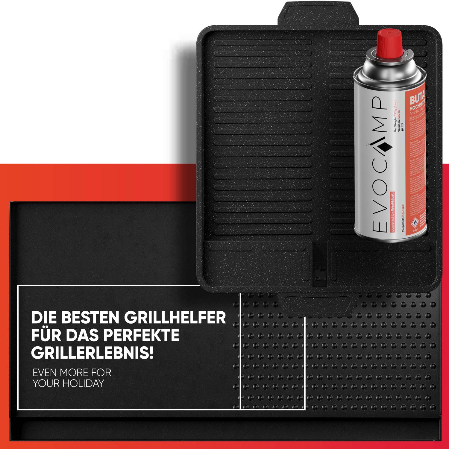 EVOCAMP Grillplatte Aufsatz für Gaskocher eckig 45x24 cm, antihaftbeschichtete Grillpfanne für Campingkocher, Grillmatte BBQ, Grillschale, Camping