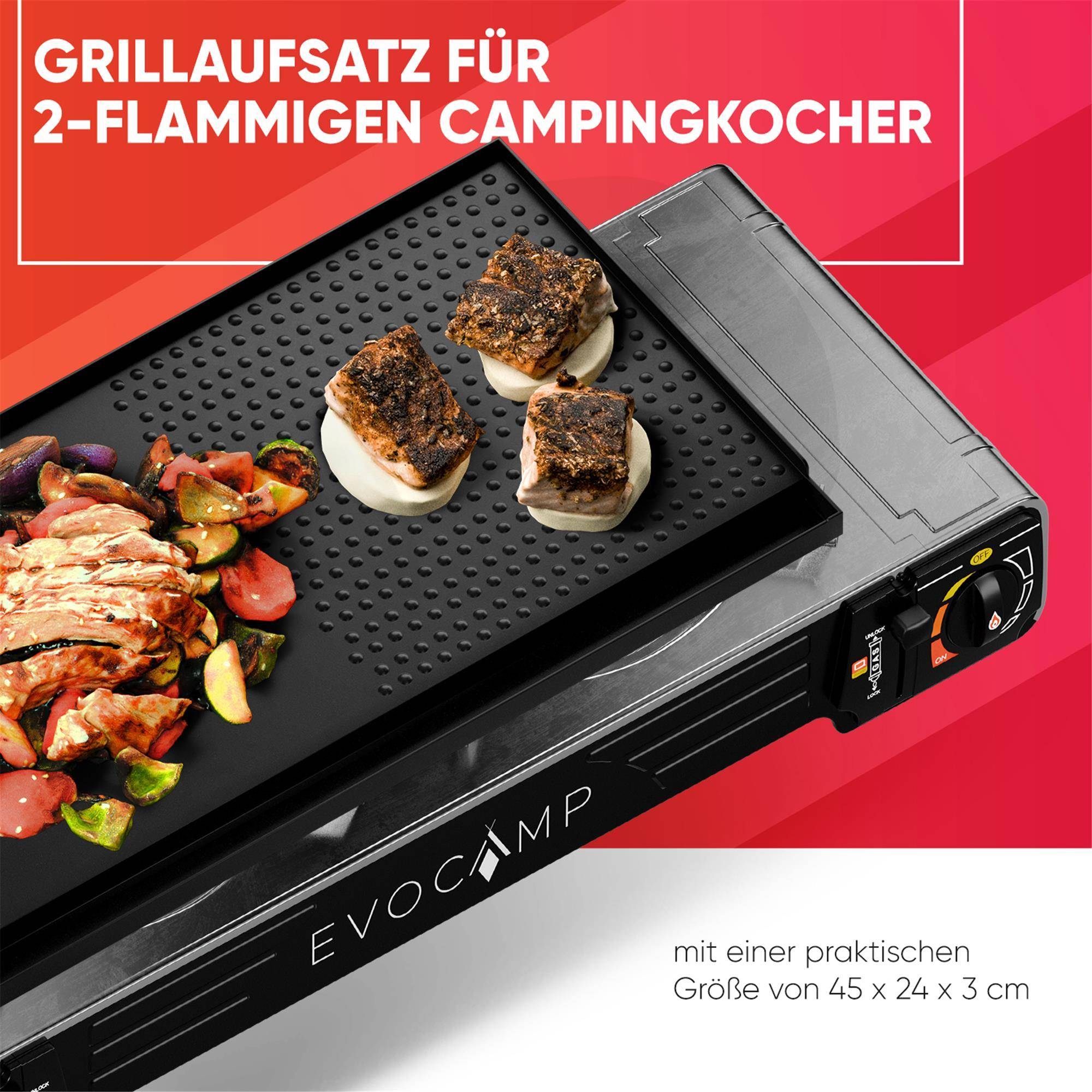 EVOCAMP Grillplatte Aufsatz für Gaskocher eckig 45x24 cm, antihaftbeschichtete Grillpfanne für Campingkocher, Grillmatte BBQ, Grillschale, Camping