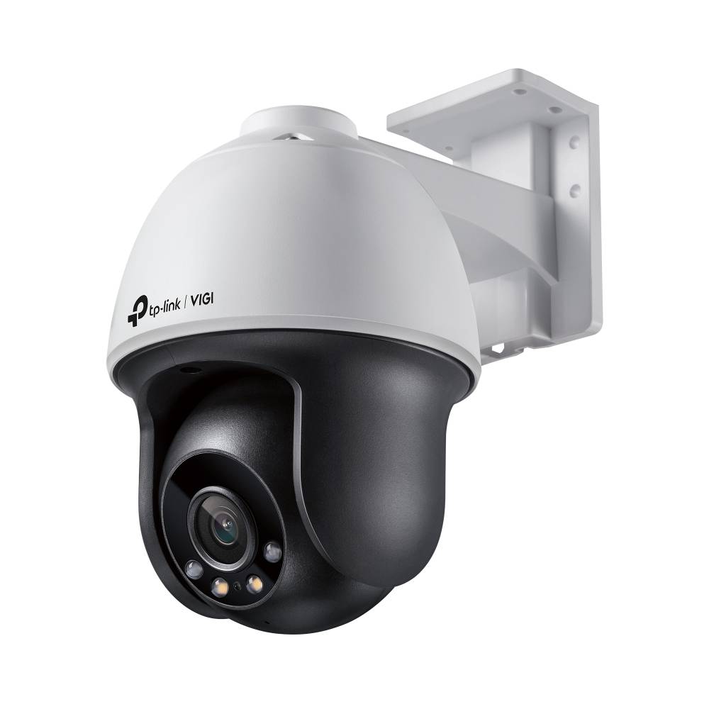 TP-Link VIGI Outdoor-Sicherheitskamera, montiert auf einer Wandhalterung, gezeigt in einem weiß-schwarzen kuppelförmigen Gehäuse.