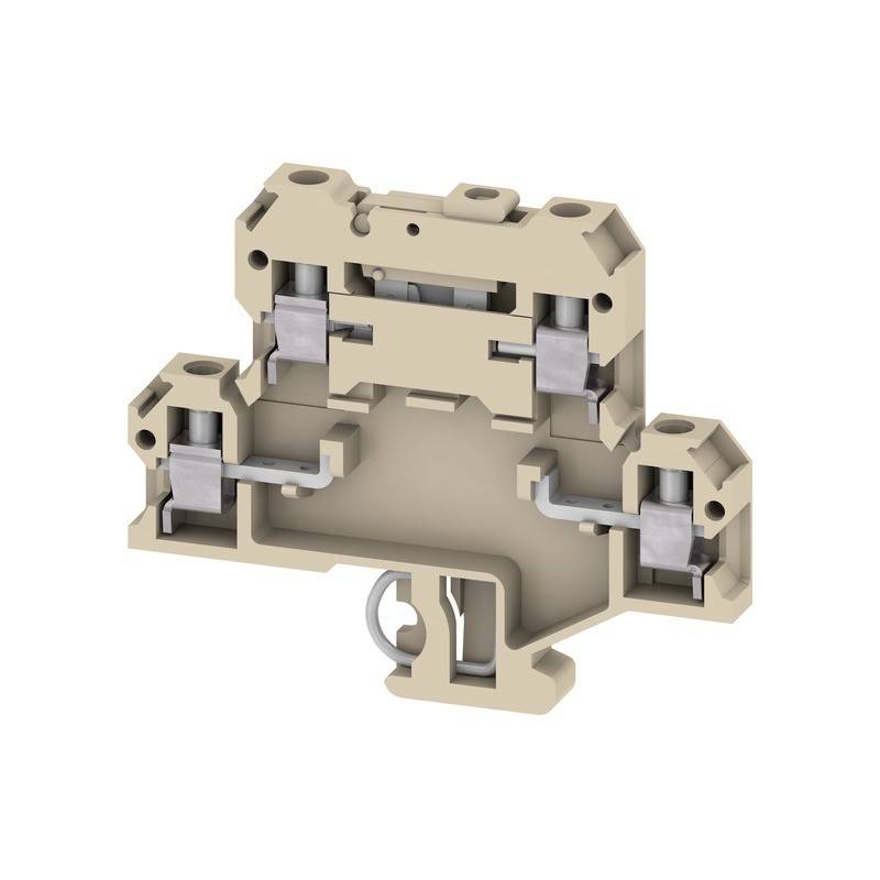 Eine Querschnittsansicht eines beigen Klemmenblocks, die die inneren Metallverbindungen und Anschlussschlitze auf jeder Seite hervorhebt.