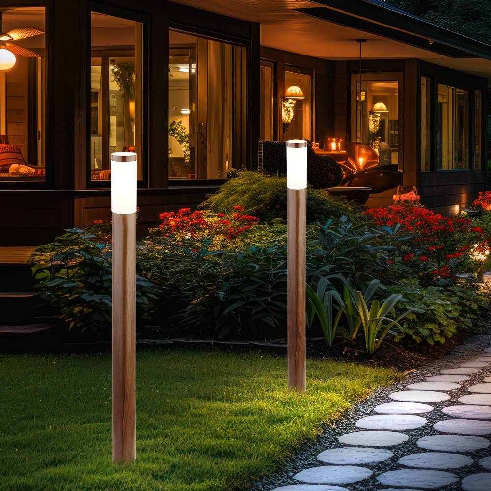 Stehleuchte Außenleuchte Gartenlampe Standleuchte Wegelampe Terrasse IP44, Edelstahl holzoptik, 1x E27 Fassung, DxH 12,7x110 cm