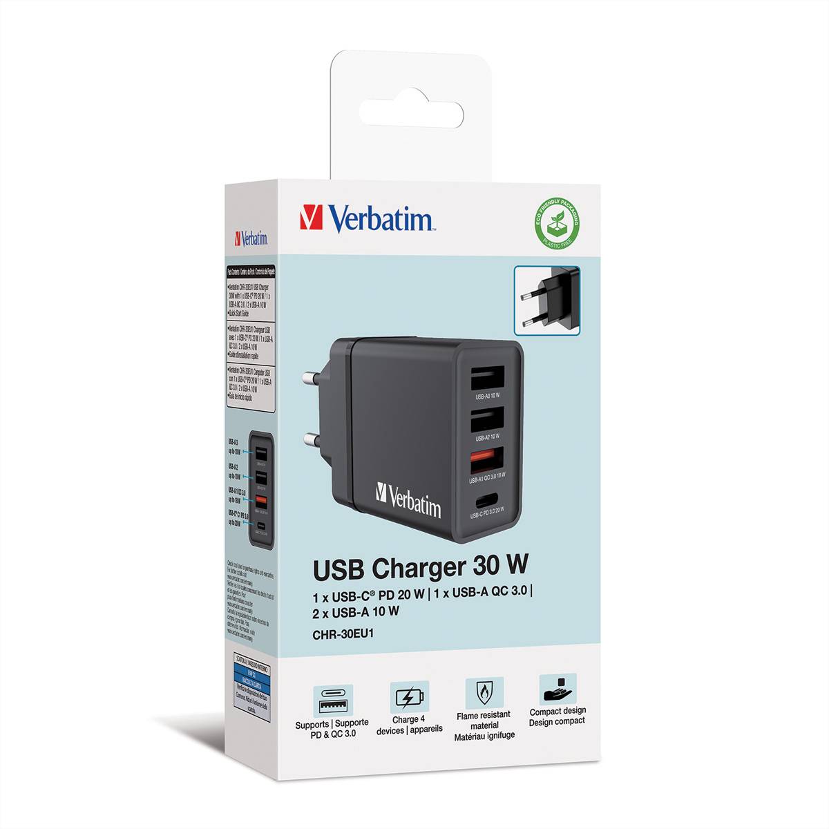 Verbatim 30 W USB-Wandladegerät mit 4 Anschlüssen CHR-30EU1, schwarz