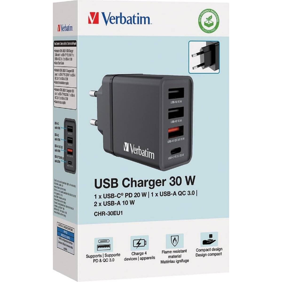 Verbatim 30 W USB-Wandladegerät mit 4 Anschlüssen CHR-30EU1, schwarz