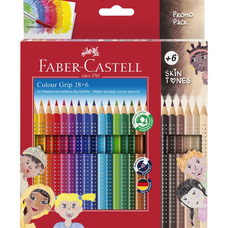 Faber-Castell Colour Grip 18+6 Farbstifte Aktionspack mit verschiedenen Hautfarbtönen. Enthält 24 wasserlösliche Farbstifte.