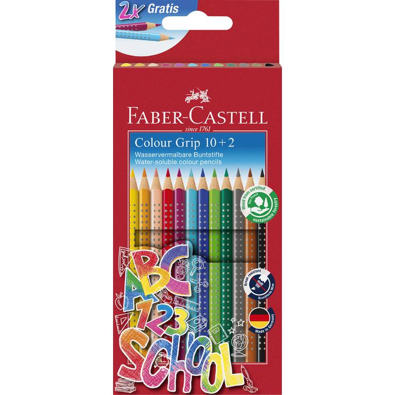 Ein Pack mit 12 Faber-Castell Colour Grip Buntstiften, mit der Beschriftung 'BC 123 School', in buntem Design und '2X Gratis' auf der Oberseite.
