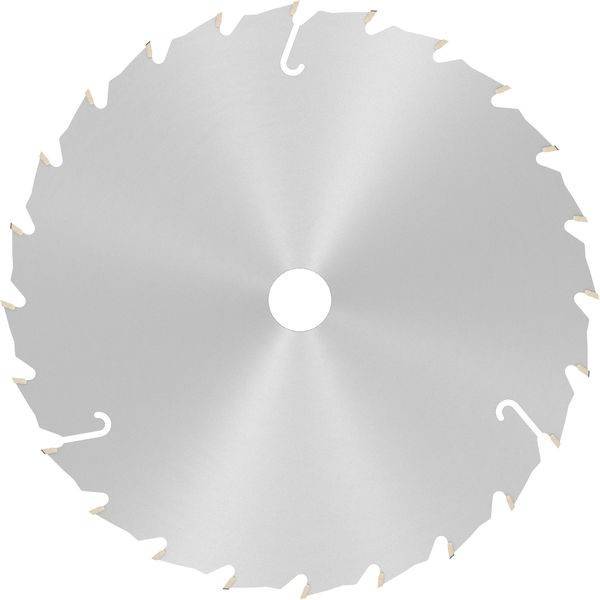 Kreissägeblatt mit einer glatten, metallischen Oberfläche und gleichmäßig angeordneten Zähnen am Rand.