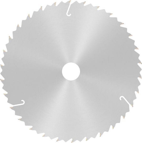 Eine kreisförmige silberne Sägeblatt mit scharfen Zähnen, die gleichmäßig um seinen Rand verteilt sind und zum Schneiden von Holz oder anderen Materialien verwendet wird.