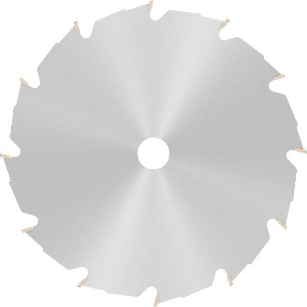 Eine Kreissägeblatt mit scharfen, gleichmäßig angeordneten Zähnen entlang seiner Kante und einem zentralen Loch zum Befestigen.