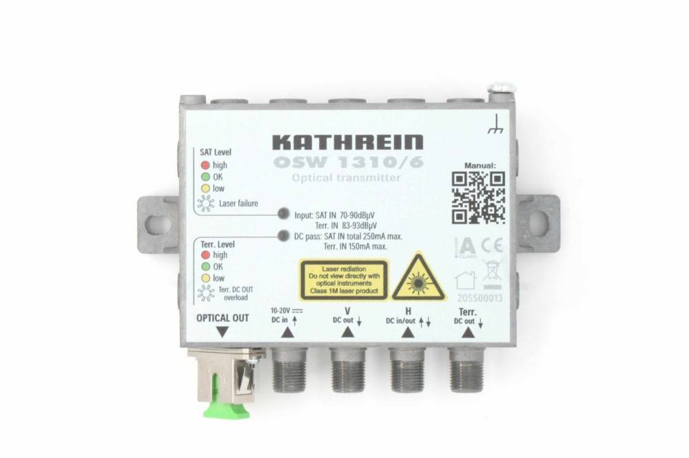 KATHREIN OSW 1310/6 Optischer Sender', mit SAT/Terr-Pegelanzeiged, Laserwarnung und mehreren Ausgangsverbindungen.