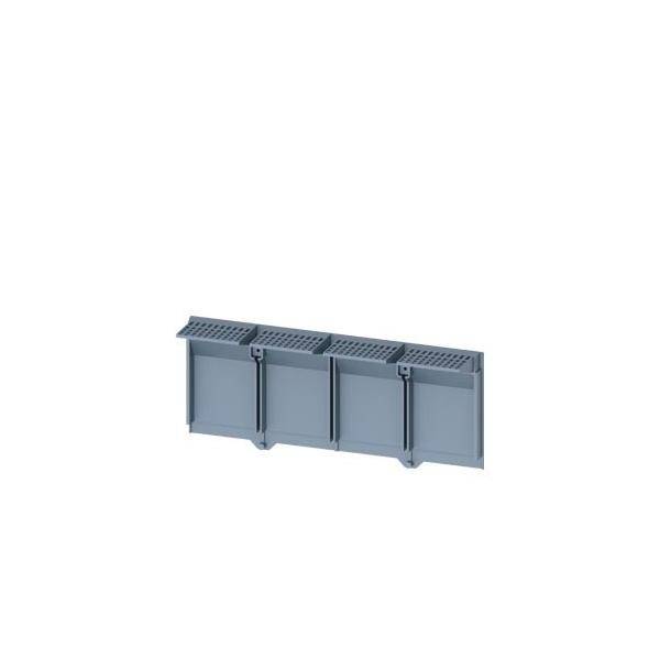 Graues Industrie-Metallpaneel mit vier schwenkbaren Abschnitten und perforierten oberen Lüftungsöffnungen, isoliert auf weißem Hintergrund dargestellt.