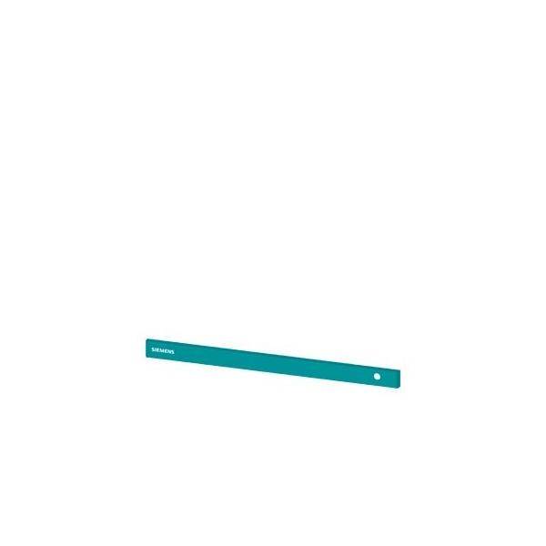 Teal farbene Siemens Horizontalstange oder Griff mit einem kleinen kreisförmigen Loch nahe dem rechten Ende auf einem einfachen weißen Hintergrund.