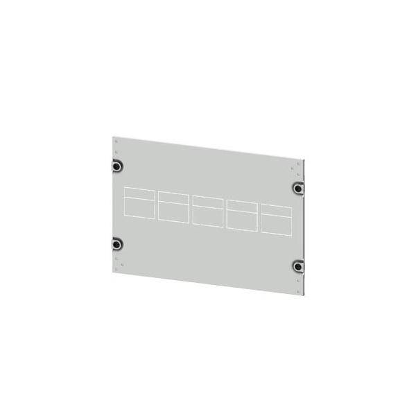 Graues rechteckiges Metallpanel mit sechs umrandeten Abschnitten und Eckbefestigungslöchern, shown auf weißem Hintergrund.