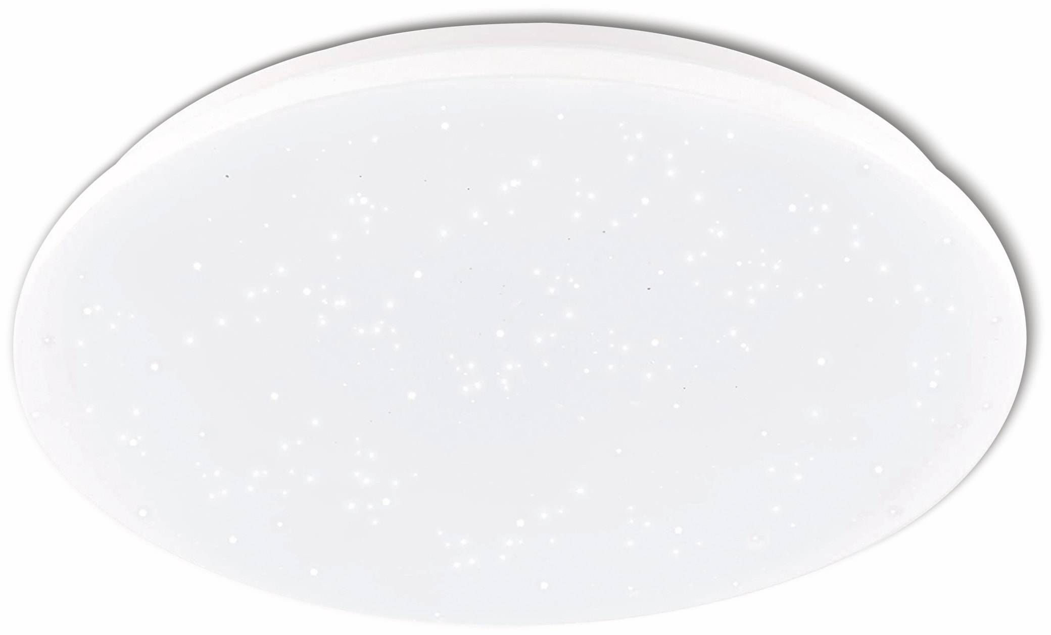 Eine runde, weiße Deckenleuchte mit Sternennacht-Effekt, die kleine verstreute Punkte aufweist, die wie Sterne aussehen, bietet Umgebungsbeleuchtung.