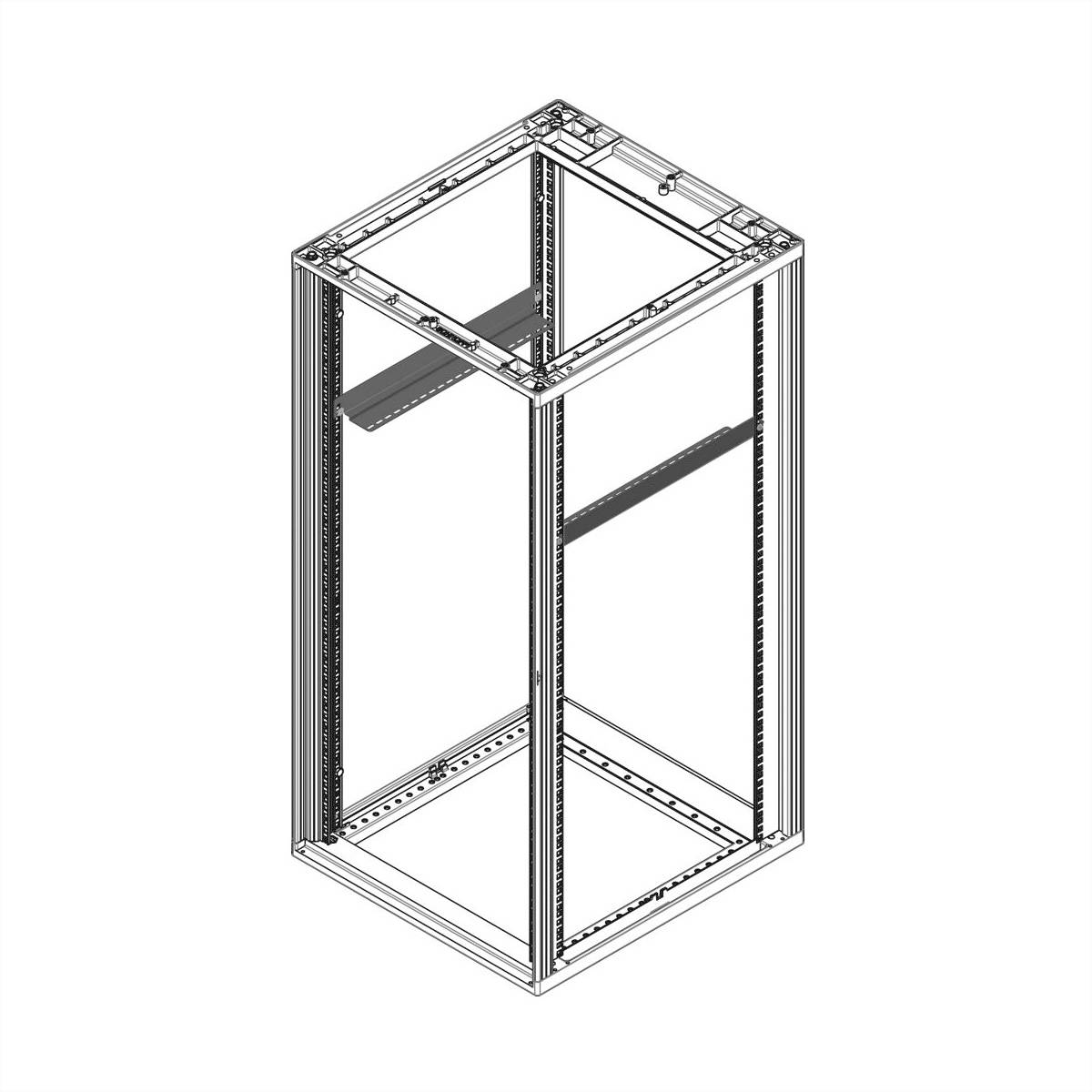 Isometrisches Diagramm eines offenen Metallgeräteschranks mit Rahmen, bestehend aus Ober-, Unterteilen und vertikalen Schienen, mit Montagestützen im Inneren.