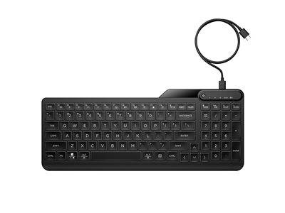 Eine schwarze kabelgebundene Tastatur mit kompaktem Design, die ein standardmäßiges QWERTY-Layout und Funktionstasten bietet. Das Kabel ist oben rechts aufgerollt.