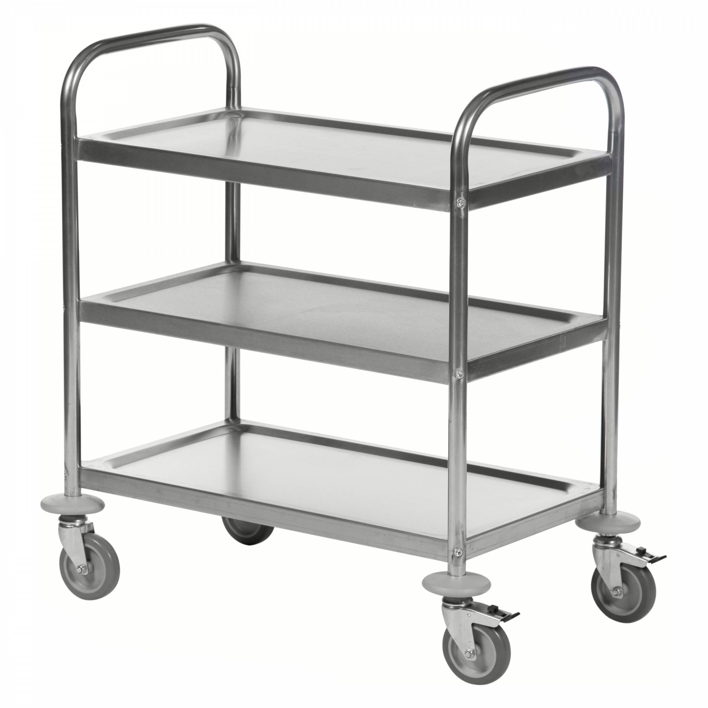 Kongamek Edelstahl- Tischwagen rostfrei mit 3 Böden 685x380mm mit Polyurethanbereifung und Bremse