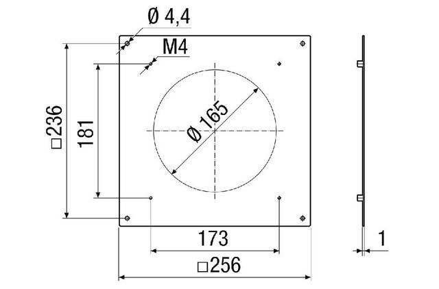 Technische Zeichnung einer quadratischen Platte mit einem zentralen kreisrunden Loch von 165 mm Durchmesser. Abmessungen der Platte: 173 mm Breite, 181 mm Höhe.