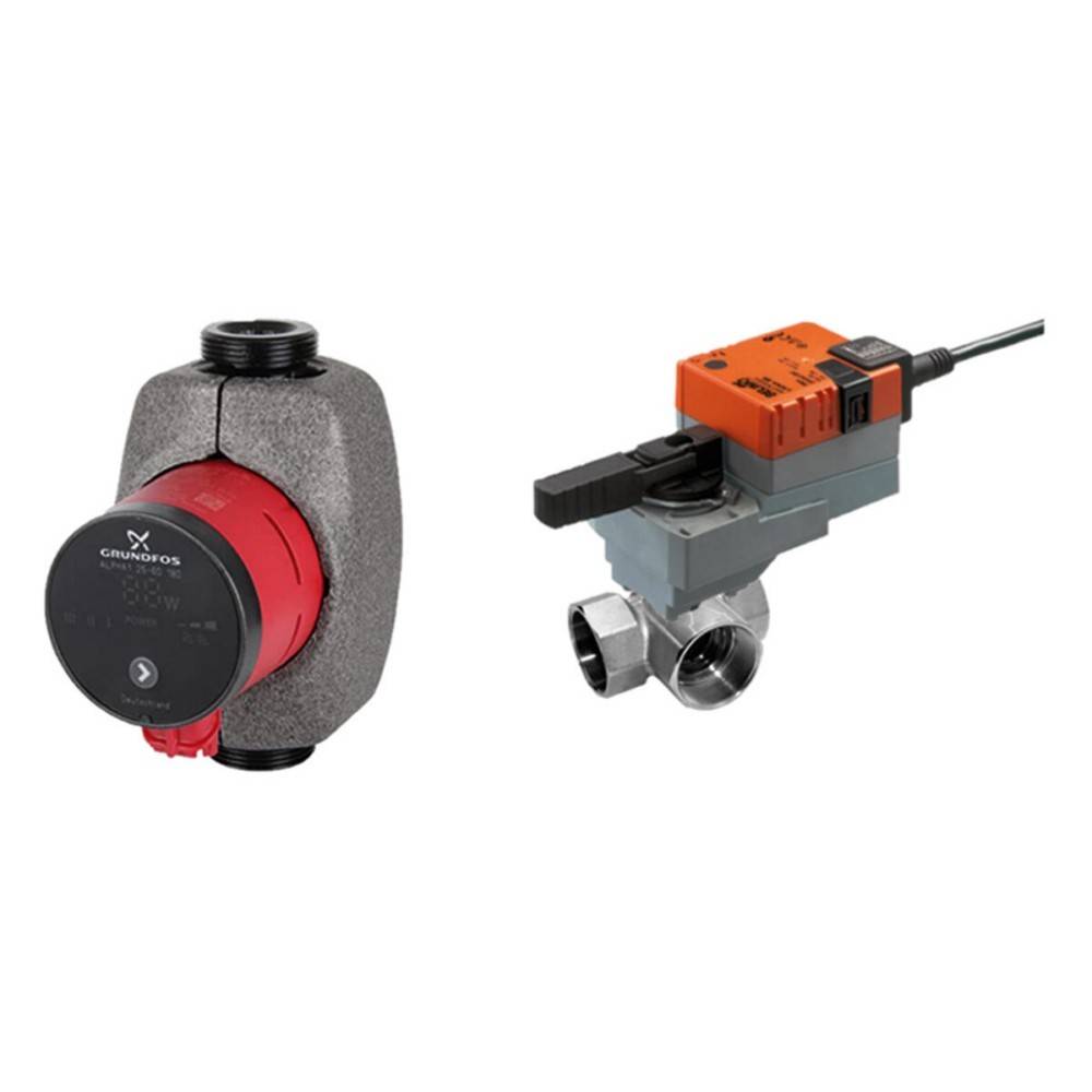 Eine Umwälzpumpe und ein motorisiertes Ventil. Die Pumpe ist rot mit schwarzen Details, und das Ventil ist orange und grau mit zwei Metallrohren.