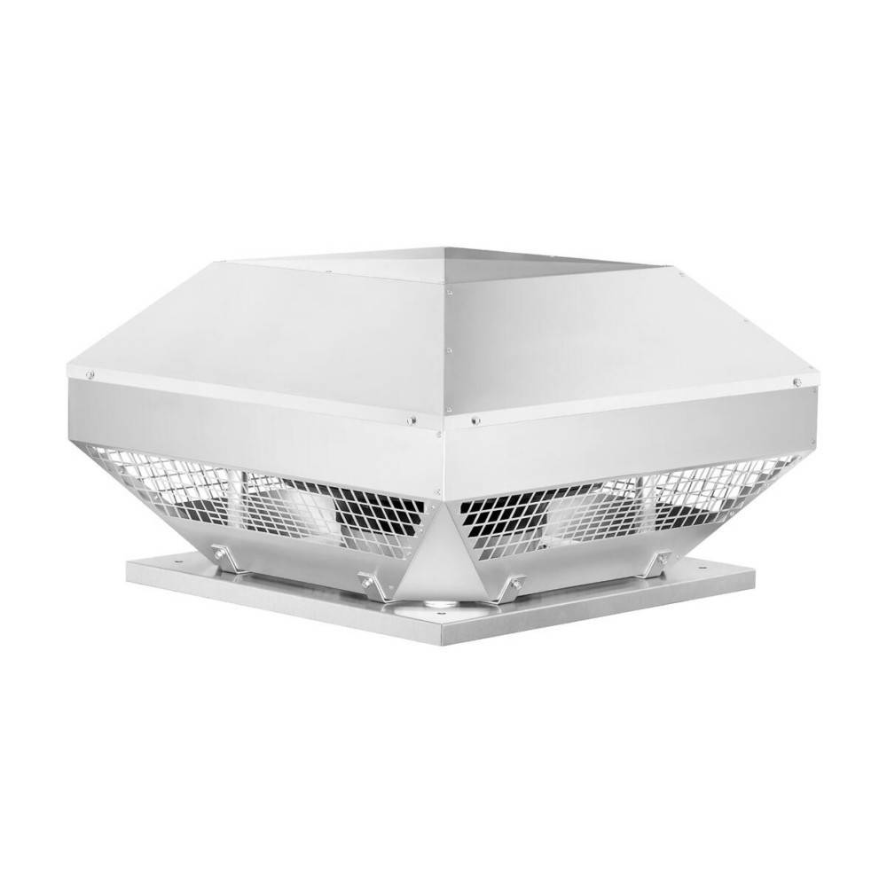 Dachauslass-Ventilator mit einer metallischen zylindrischen Basis und Schutzgitter, entwickelt zur Belüftung und Verbesserung der Luftzirkulation in Gebäuden.