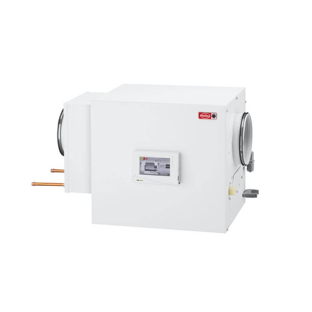 Eine weiße industrielle Lüftungsanlage mit einem digitalen Bedienfeld an der Vorderseite und zwei hervorstehenden Rohren an der Seite.