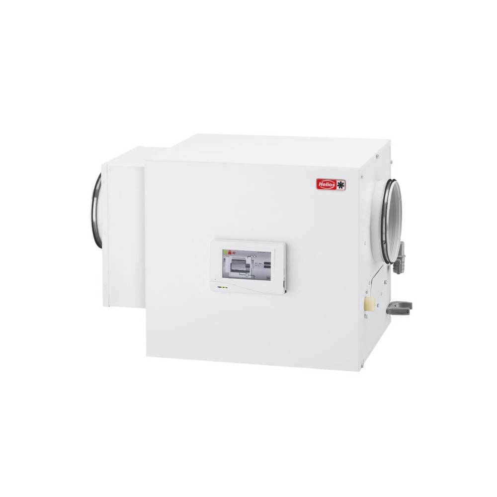 Eine weiße Raumbelüftungseinheit mit einer Bedienungskonsole an der Vorderseite, ausgestattet mit runden Lüftungskanälen an beiden Seiten für Luftansaugung und -ausgabe.