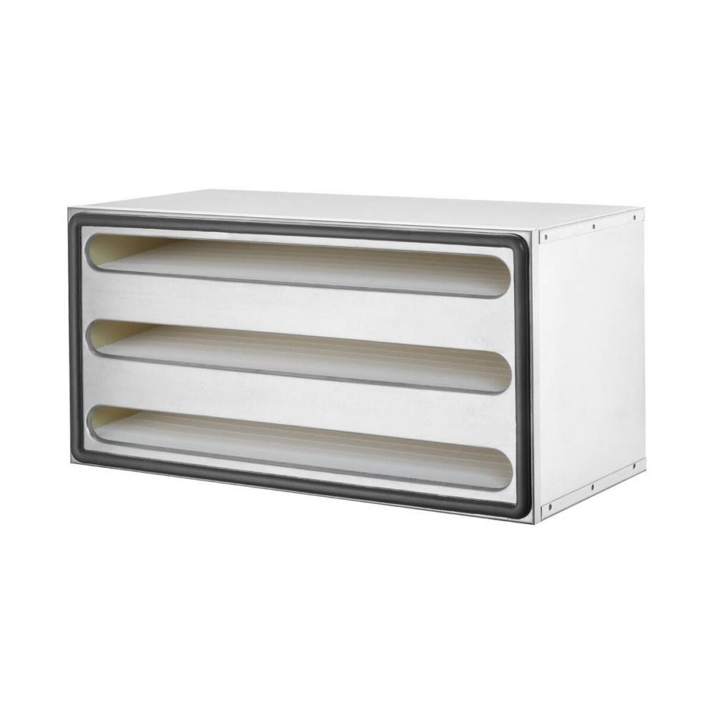 Ein rechteckiger Metall-Luftkanalschalldämpfer mit drei internen Prallwänden zur Geräuschreduzierung in HVAC-Systemen.