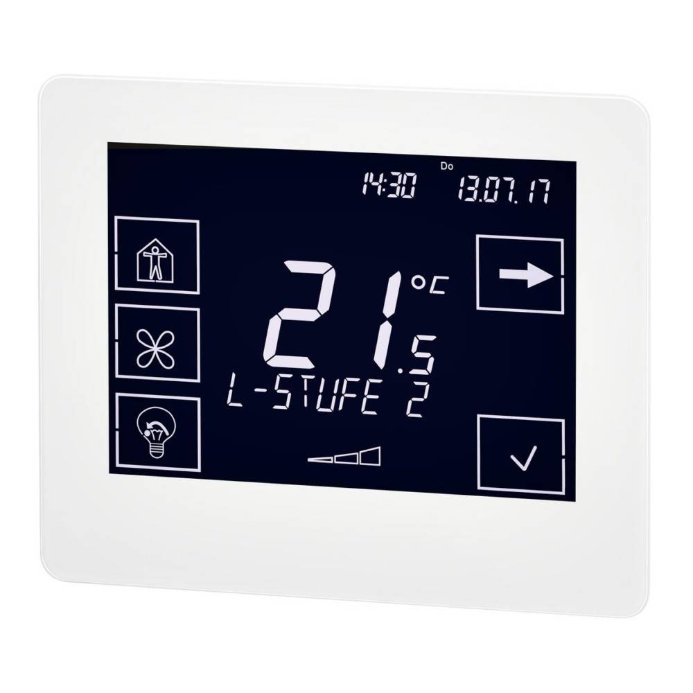 Ein digitales Thermostatdisplay zeigt '21°C', 'L-STUFE 2', mit Symbolen für Einstellungen und Optionen, datiert '13.07.17', Uhrzeit '14:30'.