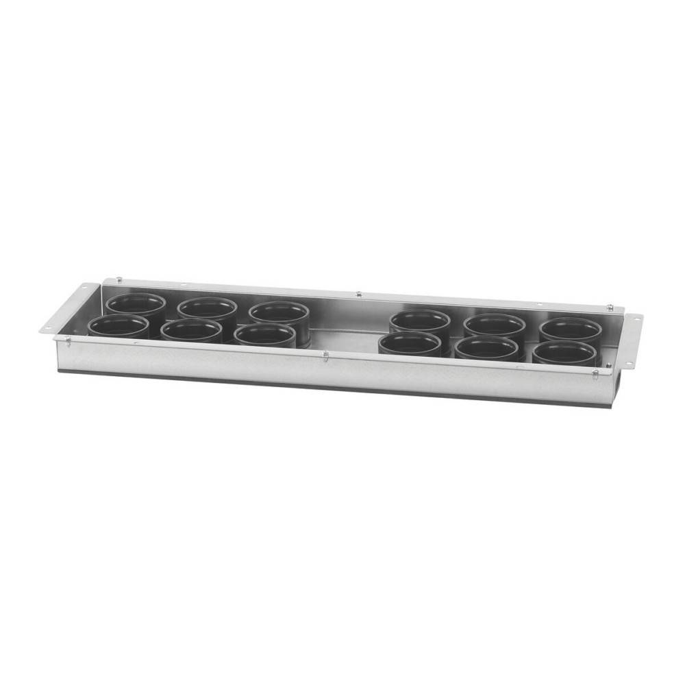 Ein Krowne Polycarbonat-Bardienst-Plastikbecherhalter mit sechs horizontal angeordneten Fächern, konzipiert für eine organisierte Becheraufbewahrung.