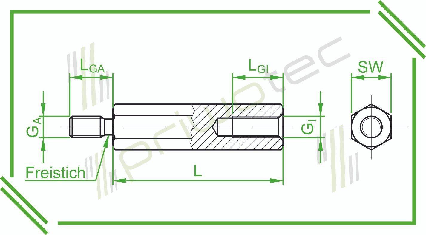 Abstandsbolzen I/A SW8x15 I=M4x9 | A=M4x8 mit Freistich Stahl 1.0718 - A2F (verzinkt 5µ) (100 Stk.)