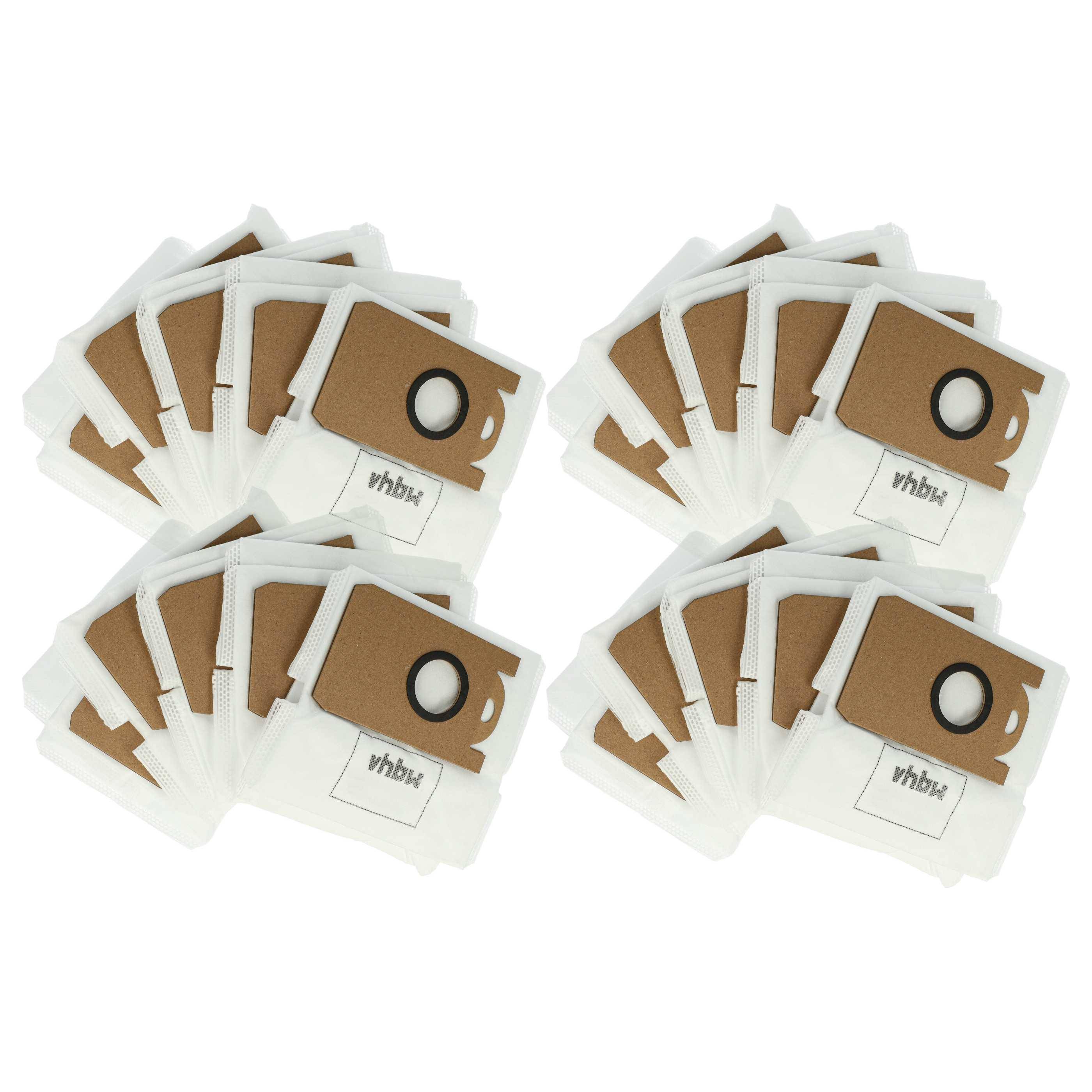 Zwanzig braun-weiße Staubsaugerbeutel, gleichmäßig gruppiert, mit einem Loch in der Mitte und einem Logo auf jedem.