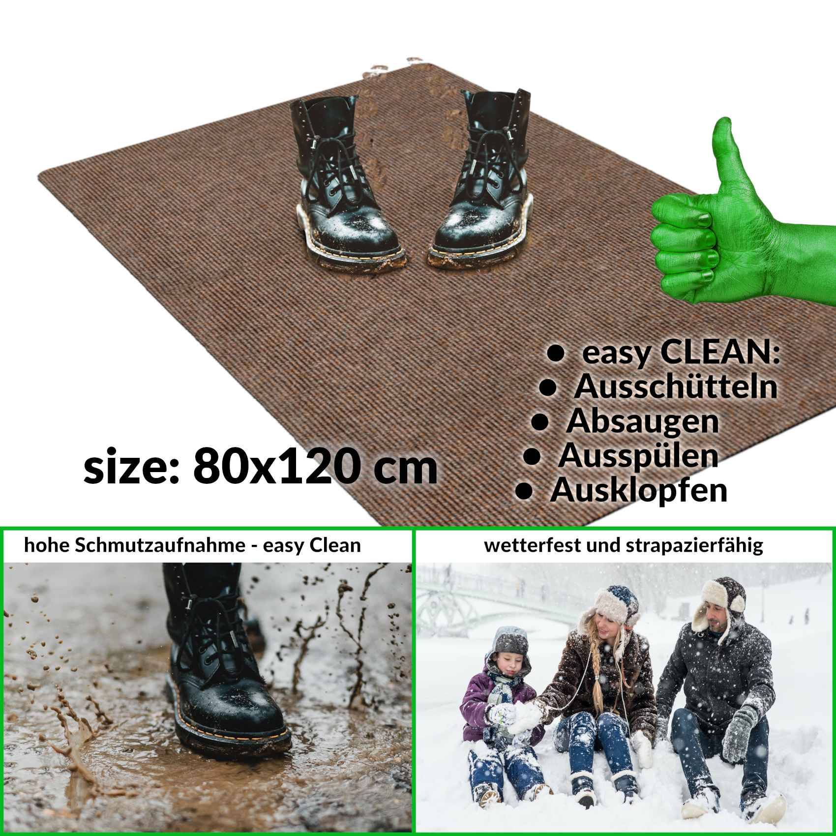 Braune Outdoor-Matte mit leichter Reinigung, Größe 80x120 cm, gezeigt mit Stiefeln und grünem Daumen hoch; der Text besagt, dass sie waschbar, staubsaugbar, spülbar und ausschüttelbar ist.