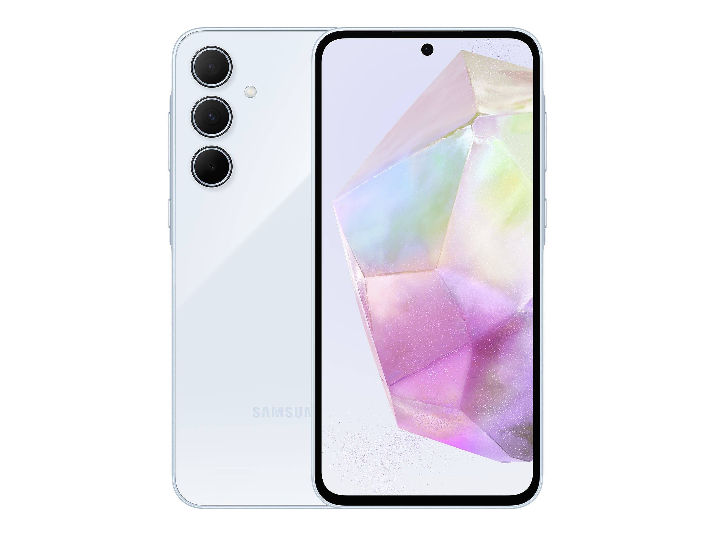 Weißes Samsung-Smartphone von vorne und hinten gezeigt, mit dreifacher Rückkamera und zentriertem Punch-Hole-Display auf der Vorderseite.