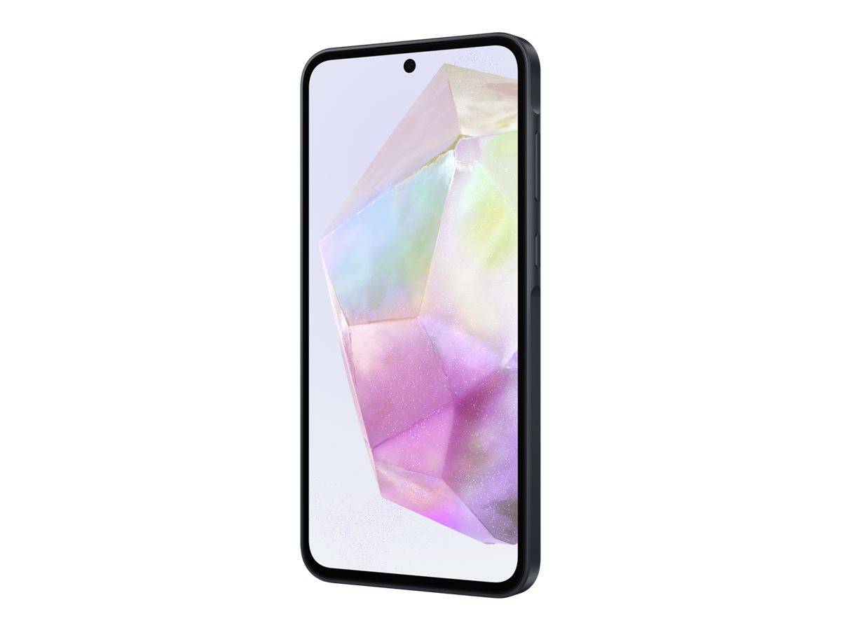 Schwarzes Smartphone in schrägem Winkel mit zentraler Loch-Stanze-Selfie-Kamera und pastellfarbenem geometrischem Hintergrundbild auf weißem Untergrund.
