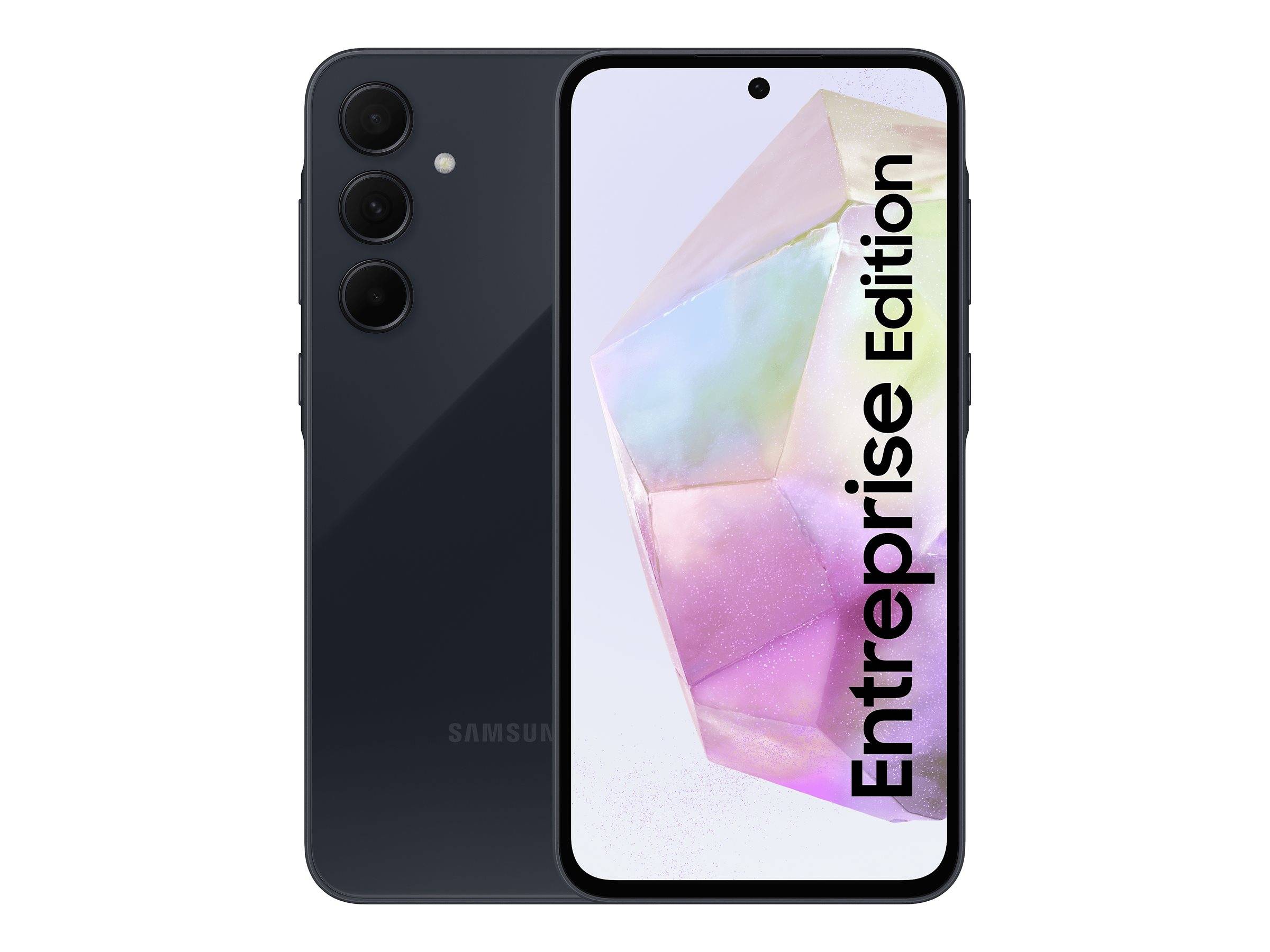Samsung-Smartphone von vorne und hinten abgebildet, mit Loch-Display und vertikalem Text 