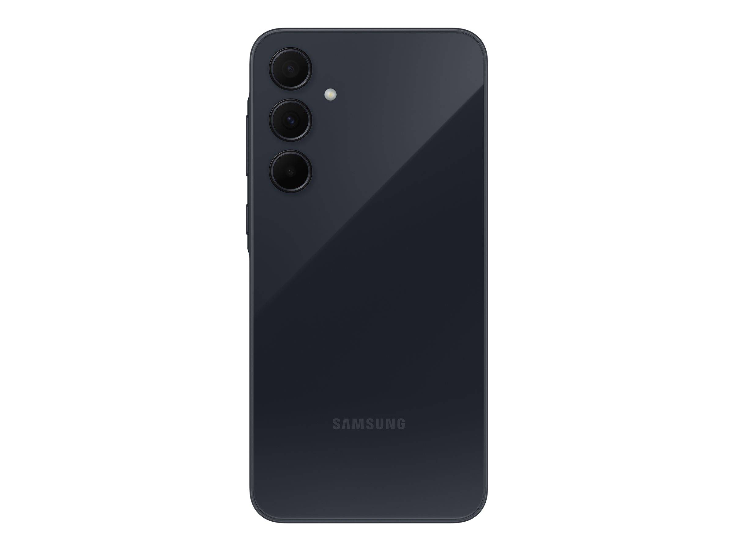 Rückansicht eines dunklen Samsung-Smartphones mit drei vertikal angeordneten Rückkameras und einem Blitz oben links.