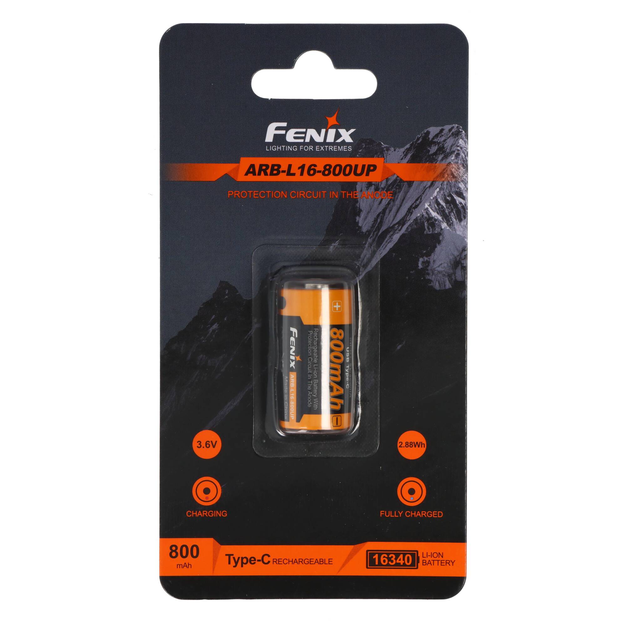 Fenix ARB-L16-800UP geschützer Li-Ion Akku 16340 RC123A, 800mAh, mit USB-C Ladebuchse