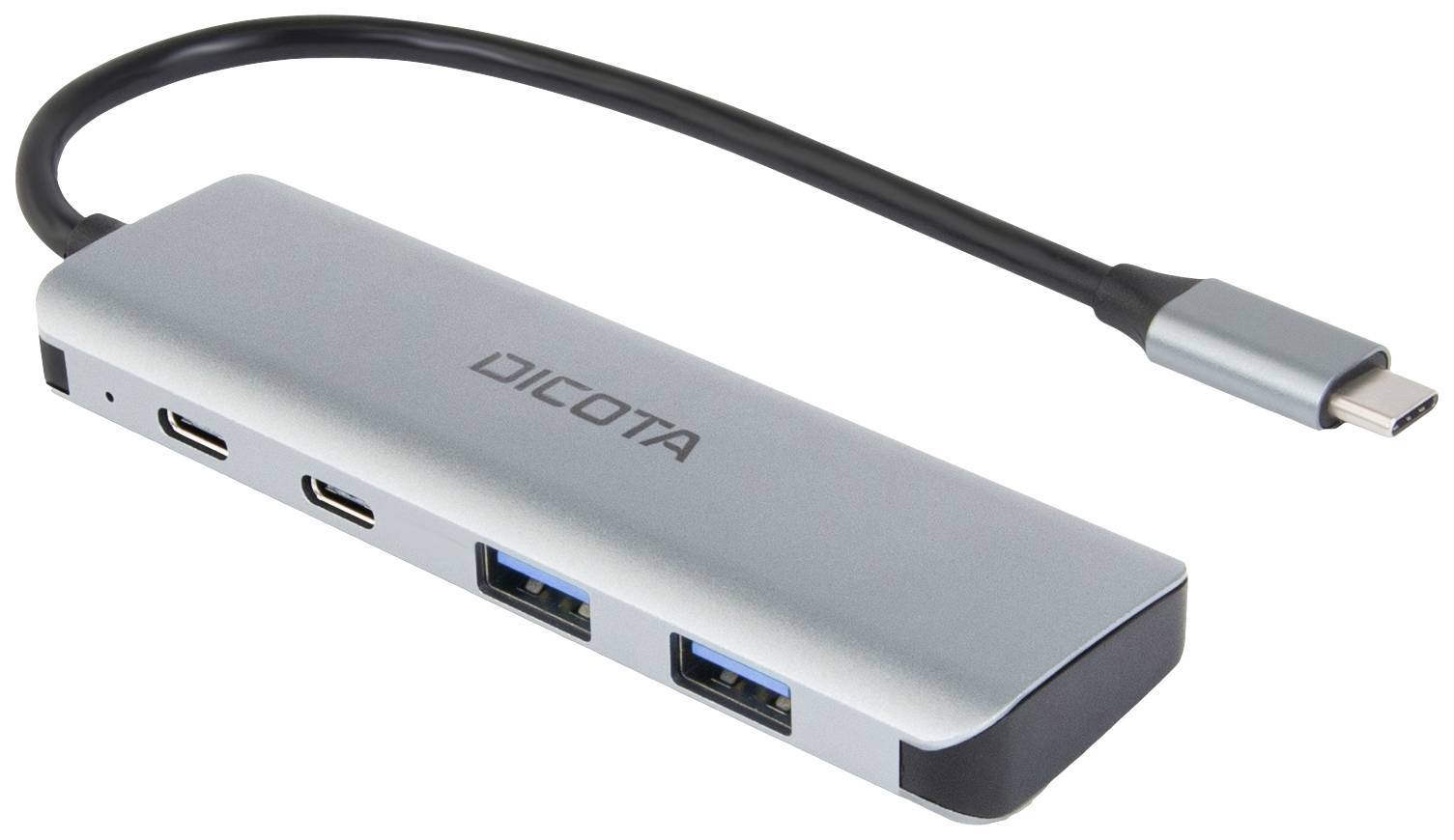 Ein silberner Dicota USB-Hub mit mehreren Anschlüssen, einschließlich USB-C und USB-A, entwickelt zur Erweiterung der Konnektivitätsoptionen für Geräte.