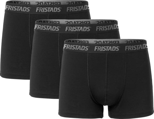 Drei Paare schwarzer Herrenunterwäsche mit der Aufschrift 'FRISTADS' am Bund, präsentiert vor einem schwarzen Hintergrund.