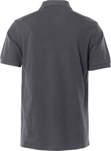 Ein schlichtes graues T-Shirt, von hinten fotografiert, das sein einfaches Design mit kurzen Ärmeln hervorhebt.