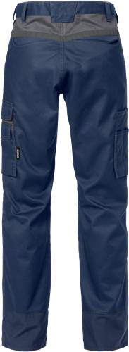 Marineblaue Arbeitshose mit mehreren Taschen und verstellbaren Trägern, konzipiert für Langlebigkeit und Funktionalität.