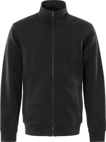 Eine schlichte schwarze Sweatjacke mit Reißverschluss, von vorne gezeigt, vor einem neutralen Hintergrund. Geeignet für lässige oder sportliche Anlässe.