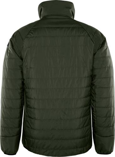 Rückansicht einer dunkelgrünen gesteppten Jacke mit horizontalen Steppnähten, die die Textur und Designdetails hervorhebt.
