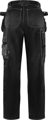Schwarze Cargo-Hose mit mehreren Taschen, einschließlich einer durchsichtigen Plastiktasche am oberen Bein.