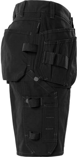 Schwarze taktische Hose mit mehreren Taschen und Riemen, versehen mit detailreicher Stickerei. Der Fokus liegt auf dem oberen Beinbereich und zeigt Design und Funktionalität.