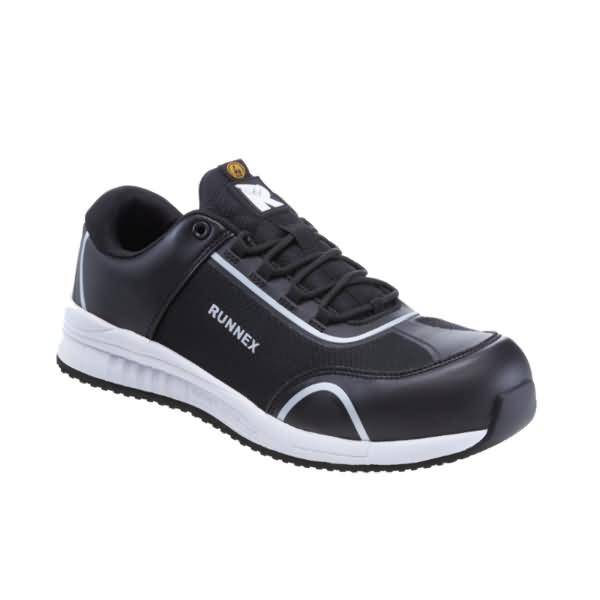 Schwarzer RUNNEX Sportschuh mit weißer Sohle, Seitenansicht auf einfachem weißem Hintergrund.