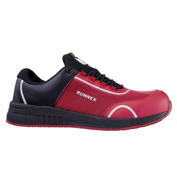Rote und schwarze RUNNEX-Sportschuh in Seitenansicht auf weißem Hintergrund.