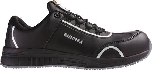 Ein schwarzer Sneaker mit dem Markennamen 'RUNNEX', der seitlich aufgedruckt ist, mit Schnürsenkeln und einer gedämpften Sohle für Komfort.