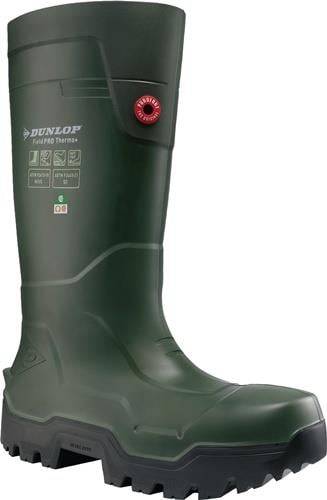 Grüner Dunlop-Stiefel mit 'Purofort+ Full Safety'-Funktionen, einschließlich Symbolen für Wasserdichtigkeit, Chemikalienbeständigkeit und Stahlzehnenschutz.