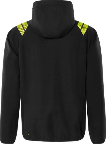 Schwarzer Kapuzenpullover von hinten gesehen, mit gelben gestreiften Akzenten auf den Schultern, der einen sportlichen, stylischen Look kreiert.