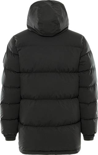 Rückansicht einer schwarzen, wattierter Winterjacke mit hohem Kragen und horizontaler Steppung, die Wärme und Isolierung bietet.